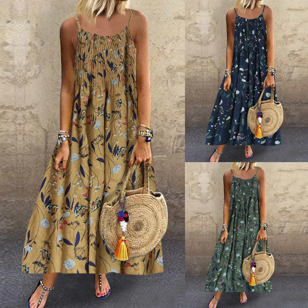 

2019 Summer Women's Bohemian Beach Dresses Floral Print Vintage Sleeveless Long Dress O-Neck plus size Straps Maxi Dress Vestido