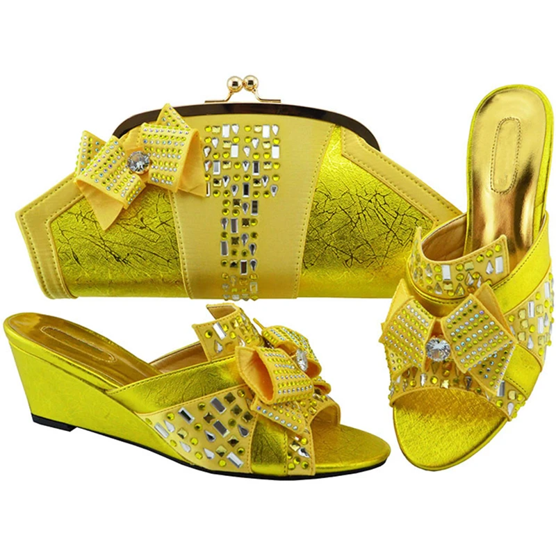 

Newest African Shoes and Bag Matching Set with Crystal Hot Selling Women Italian Shoe and Bag Set for Women Wedding Wedges Heels
