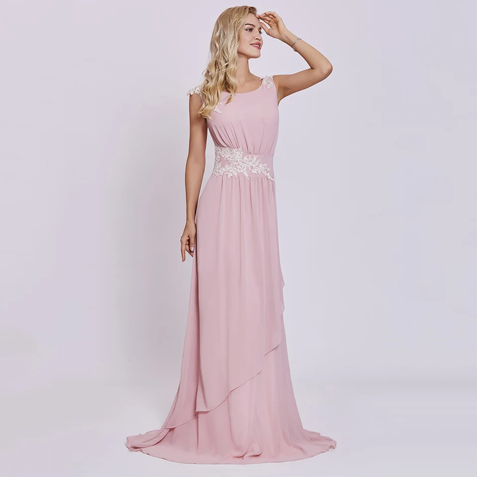 Dressv pink long evening dress cheap scoop neck appliques sleeveless wedding party formal dress a line evening dresses