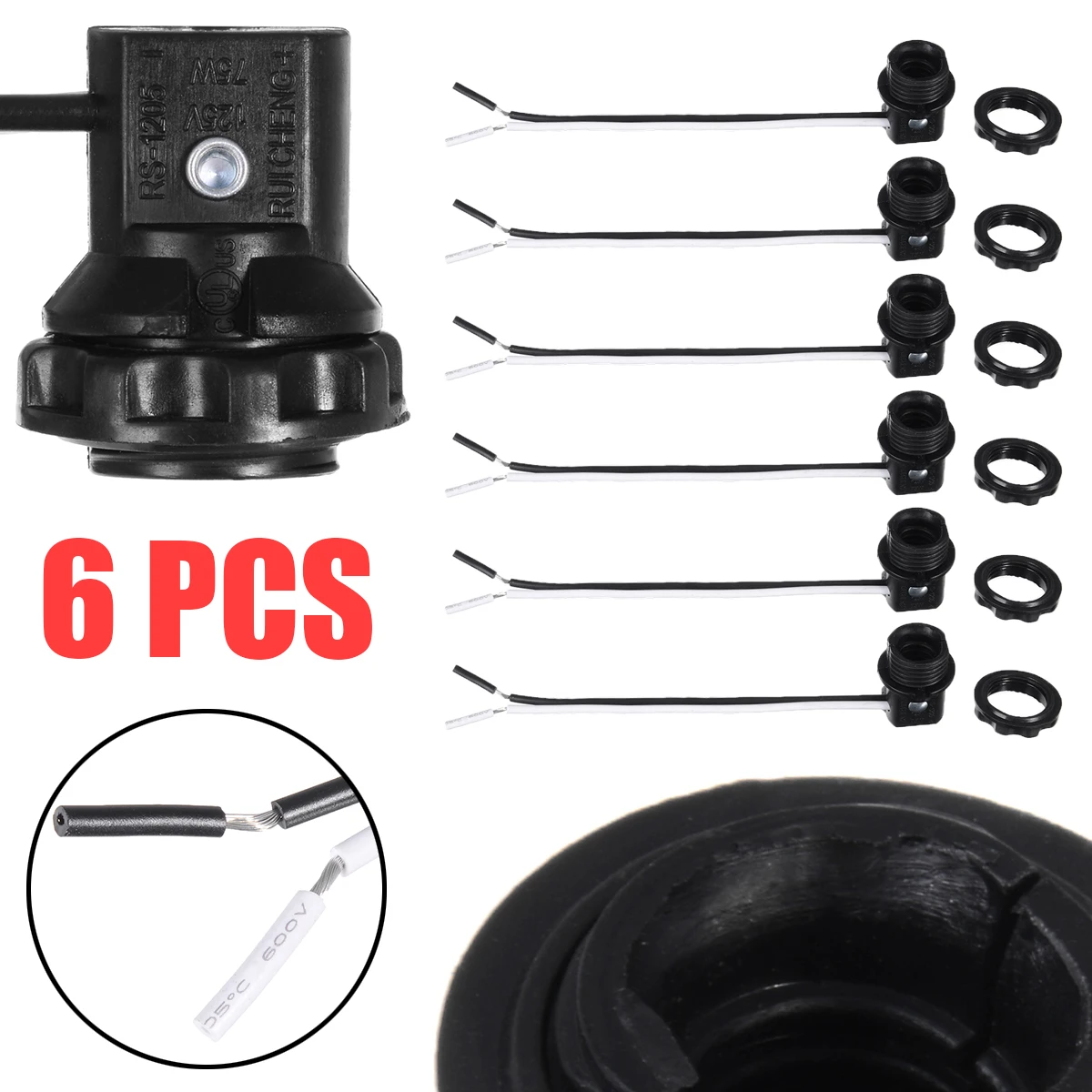 6pcs/lot 2A 125V E12 Lamp Holder Keyless Socket Base with Screw Rings Light Wire Accessory