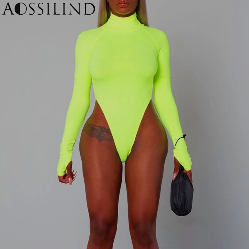 AOSSILIND Autumn Fluorescent Green Turtleneck Long Sleeve Bodysuit Women 2018 Winter Bodycon Rompers Skinny Bodysuits
