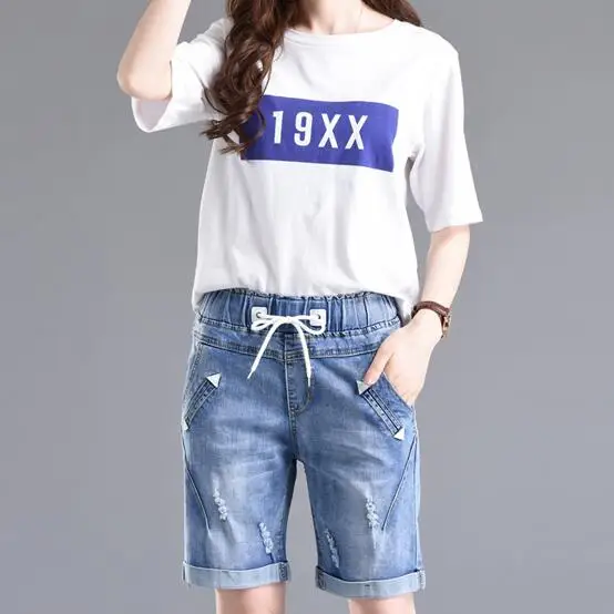 

2018 Plus size 4XL 5XL Summer Jeans Short Pants Women Lace Up Capris Ladies Wide Leg Denim Jeans Harem Pants DF192