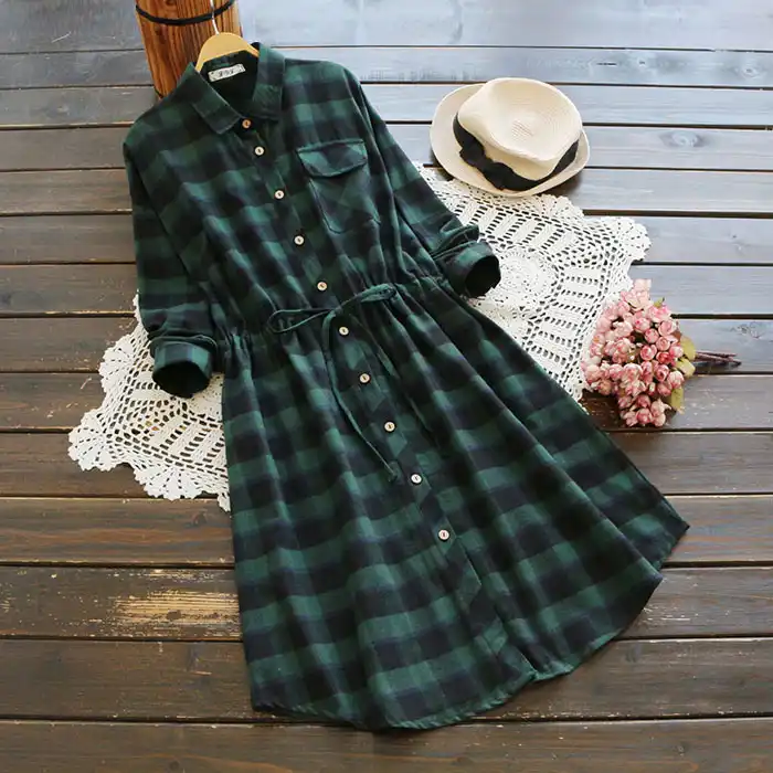 Green plaid dress women Clearance