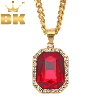 

Stainless Steel Square Gold Red Crystal Gem Pendant Full Clear Rhinestones With 5mm 70cm Cuban Chain Hiphop Mens Necklace