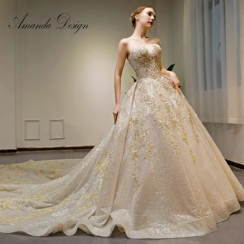 

Amanda Design robe de soiree courte Strapless Lace Applique Crystal Beaded Golden Wedding Dress