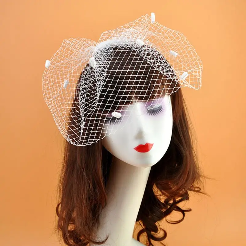 

Womens Vinrage Wedding Fascinator Fishnet Mesh Veil Large Hole Small Plush Wave Point Hair Clip Corsage Brooch W77