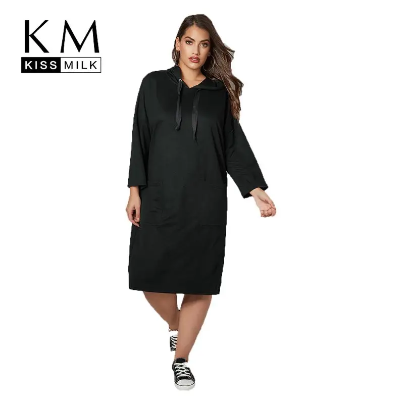 

Kissmilk Plus Size Sports And Leisure Hooded Long Simple Fashion Elegance Beauty Absolute Black Preppy Style Casual Sweater