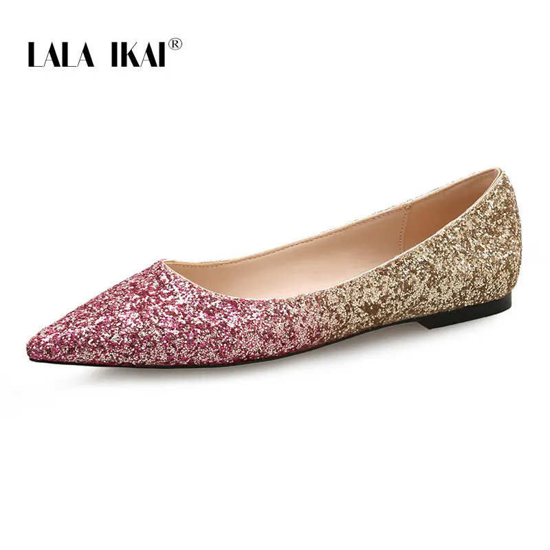 

LALA IKAI Women Flat Shoes Slip-On Spring Summer Sequin Pointed Toe Flats Shallow Drop-Shipping Wedding Shoes 014A3348-4