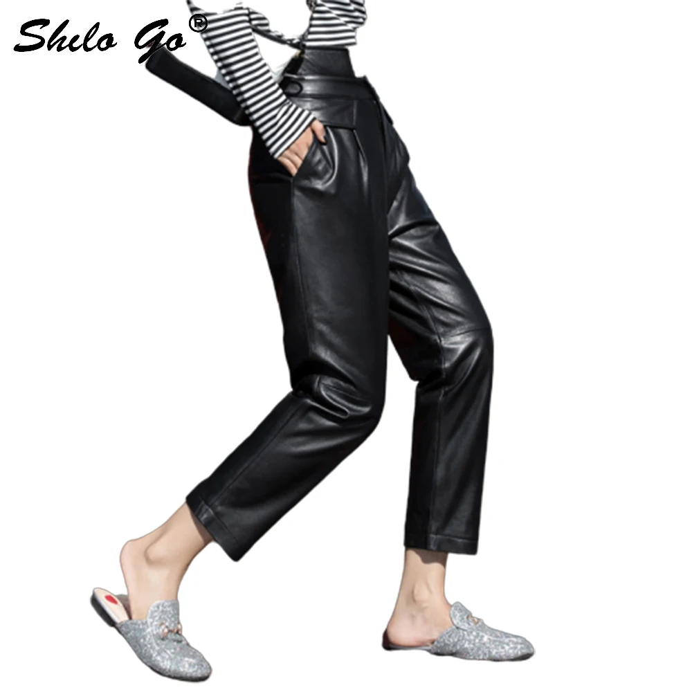 Streetwear Lederen Broek Vrouwen Casual Single Button Hoge Taille Schapenvacht Lederen Harembroek Beknopte Vrouwelijke Capri Zwart