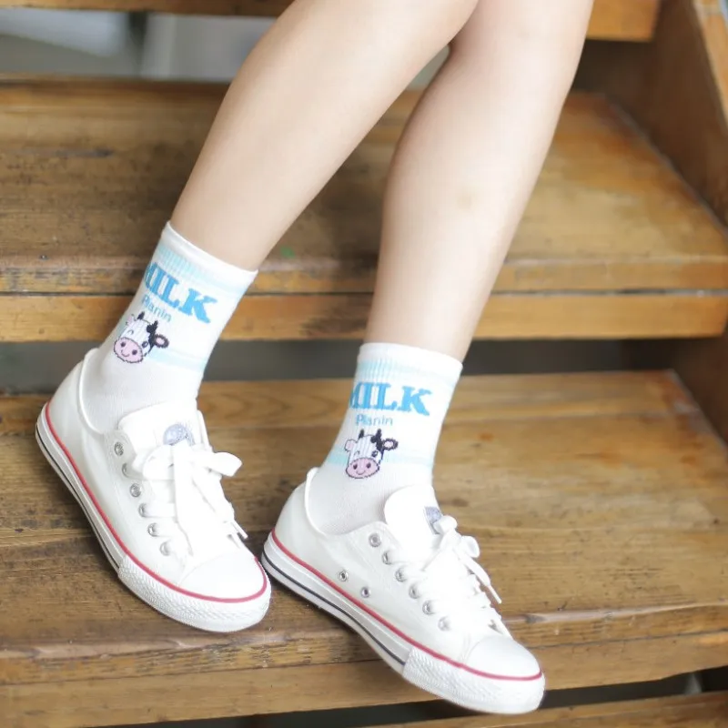 Pile Heap Milk Women Pink Socks Cotton Cartoon Fruit Print Cute Socks Meias Korean Harajuku Style with Cow Strawberry Banana 39