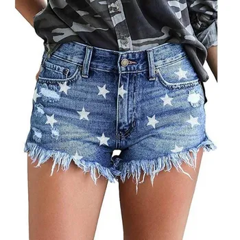 

2019 Women Frayed Tassel Denim Shorts Washed Stars Print Sexy Shorts Skinny Summer Casual Jean Shorts