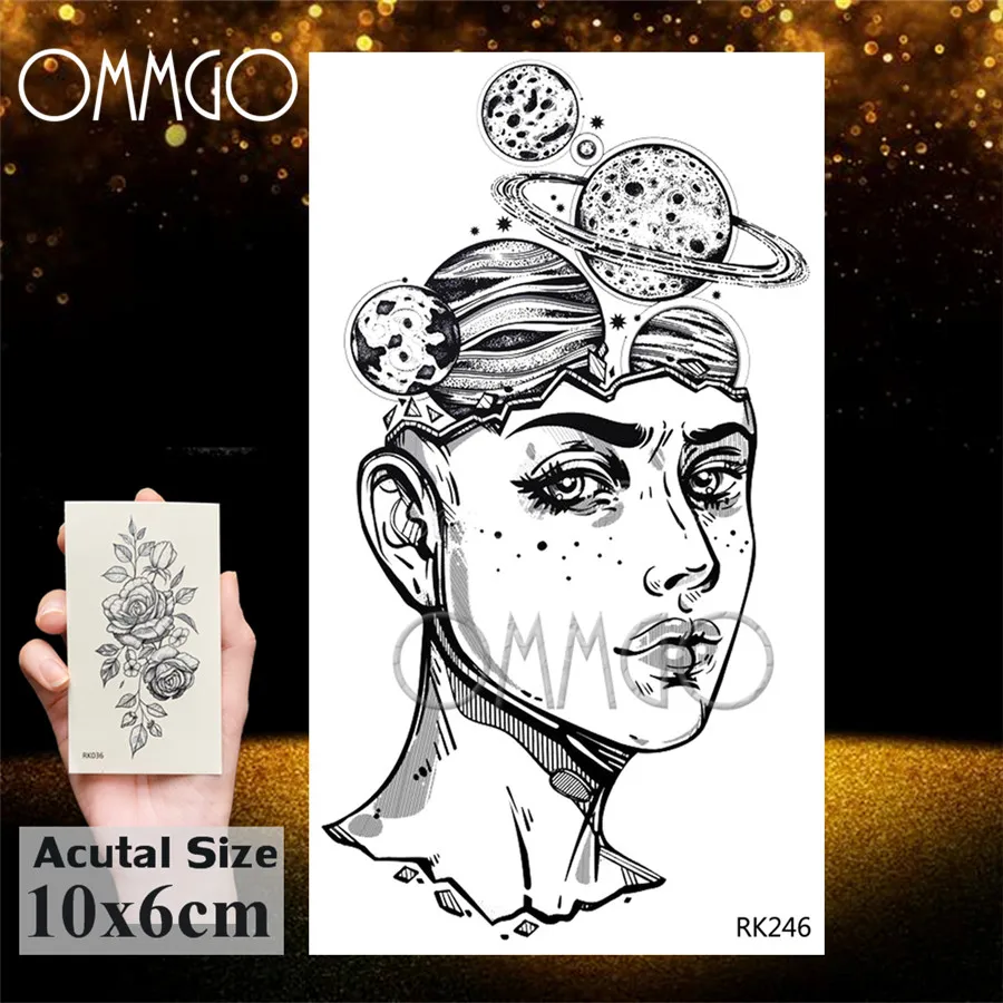 OMMGO Outspace, временные татуировки для женщин, планета, мозги, водостойкие, черные, геометрические, горные татуировки, боди-арт, поддельные татуировки, бумага