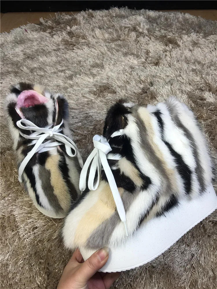 Теплые ботинки Eskimo из меха норки, женские зимние ботинки на толстой платформе С Разноцветными полосками на меху, зимние ботинки до середины икры на шнуровке