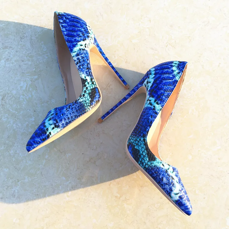 

Brand fashion new pointed blue high-heeled exquisite snake pattern elegant single shoes 12cm high heel ladies party shoes