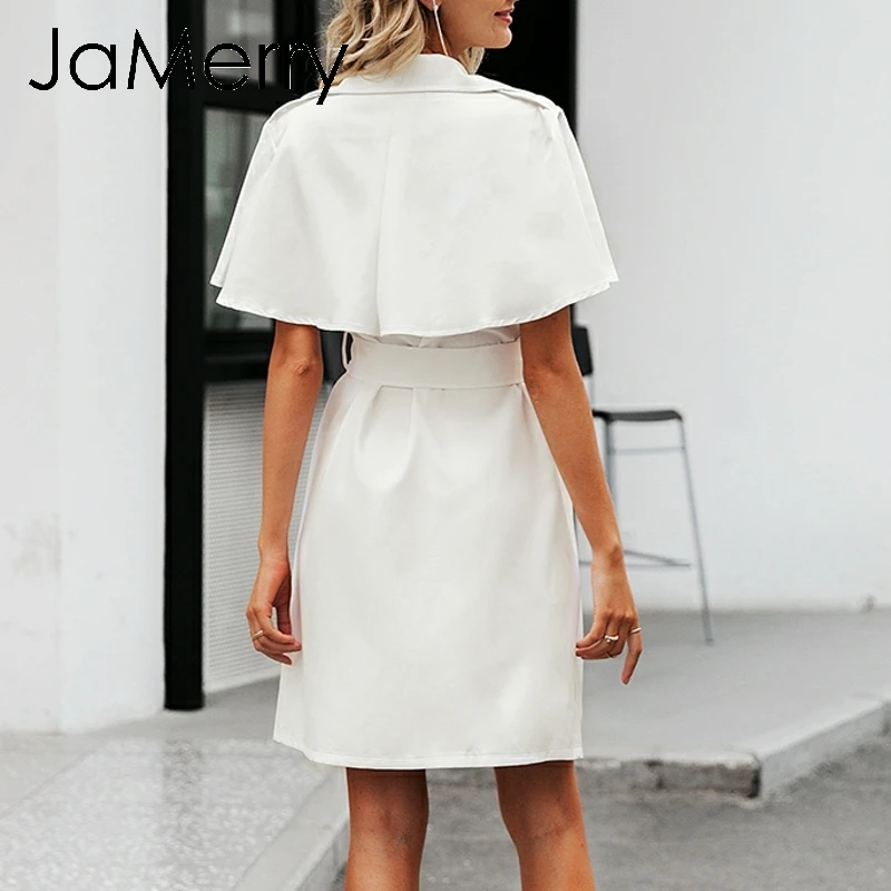 JaMerry, однотонное женское платье с пуговицами, рукав с рюшами, элегантное, с поясом, для офиса, для женщин, для работы, Тренч, платье, Блейзер, белое, для вечеринки, vestido