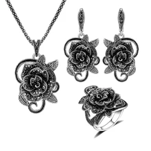 2016 Recién Llegado de Alta Calidad Mujeres Joyería de La Vendimia Plateado Plata Antigua Retro Negro de La Flor de Cristal