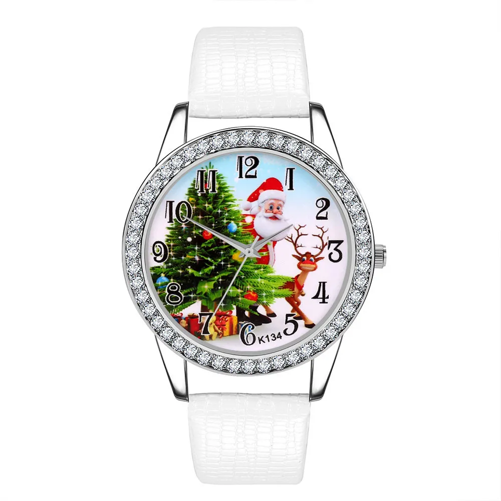 Рождественские часы для женщин для мужчин's дети подарок алмаз кожаный ремешок аналоговые кварцевые Vogue наручные часы Лидер продаж Reloj Mujer - Цвет: White