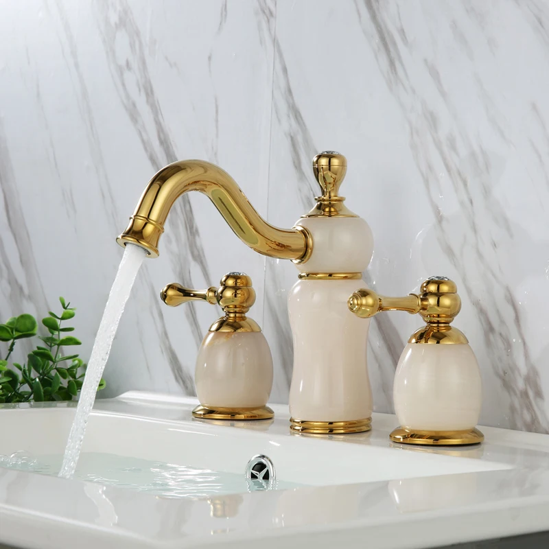 

Luxury Gold Brass Natural jade Bathroom Sink Faucet Art Basin Mixer Taps three holes high quality Lavatory Faucet--SM5381