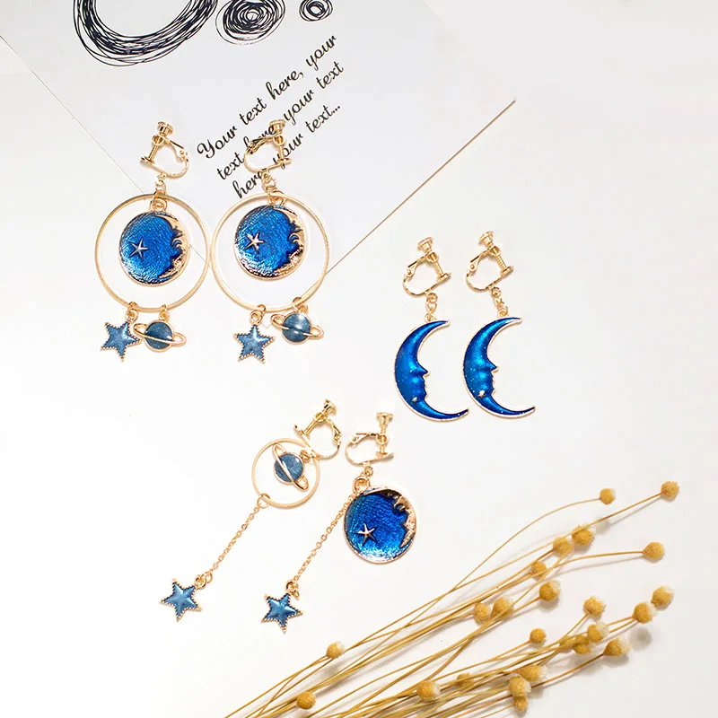 Grace Jun Top Quality Enamel Moon Planet Stars Shape Clip on Earrings Without Piercing for Women Party Luxury No Hole Earrings - Image 3
