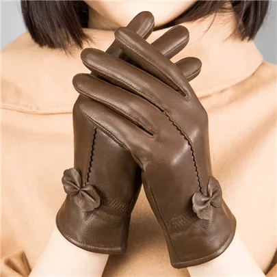 CUHAKCI зимние перчатки женские из натуральной кожи перчатки из овчины Цветочные бант Модные женские черные красные ветрозащитные лыжные перчатки - Цвет: G044 Brown