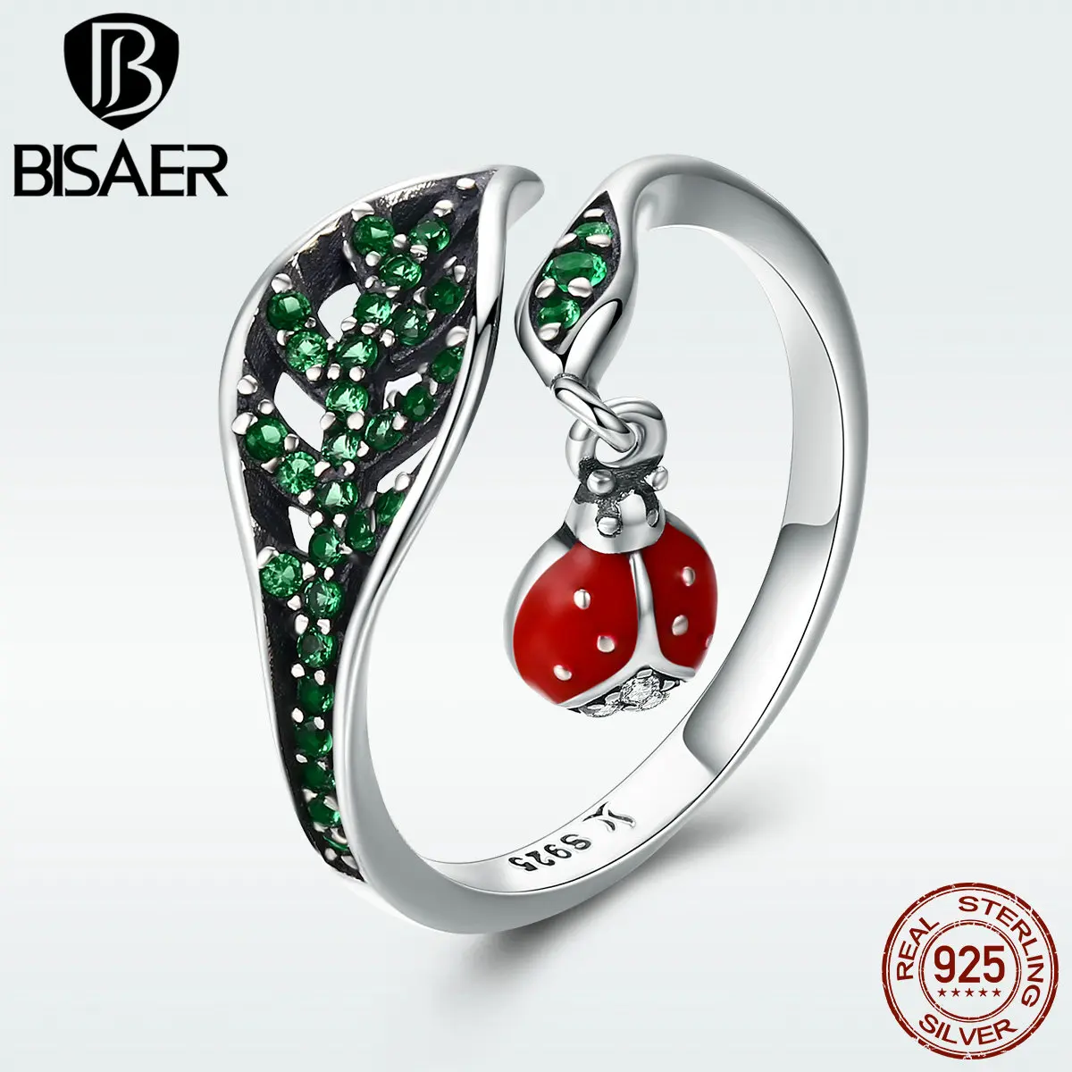 

Real 100% 925 Sterling Silver Resting Ladybug Dangle & Green Leaves Open Finger Ring Women Sterling Silver Jewelry Birthday Gift