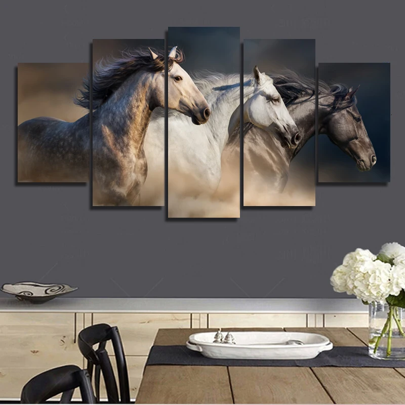 5 Panels HD Printed Three Horse Wall Art Painting Canvas Print Room
