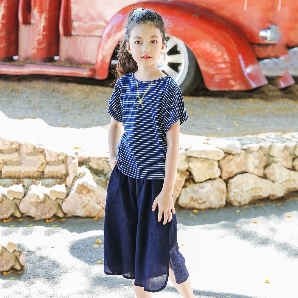 

Teenage Girls Clothing Sets 2019 Summer Striped Short T-shirt Wide Leg Pants Suit Kids Tracksuit Children Clothes Kids Costume