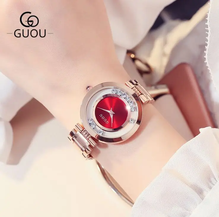GUOU Женские часы женские часы моды роскошный браслет Часы для Для женщин розовое золото горный хрусталь часы Для женщин Reloj Mujer Saat - Цвет: Красный