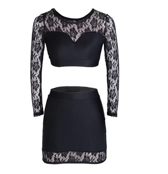 Fashion Design Sheer Lace Crop Top Mini Skirt Sets Black American