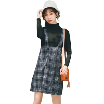 

New Autumn Winter Fashion Empire Plaid Skirts Preppy Style Button Front Strap Skirt Slim Vintage Faux Woolen A-Line Skirts Mw091