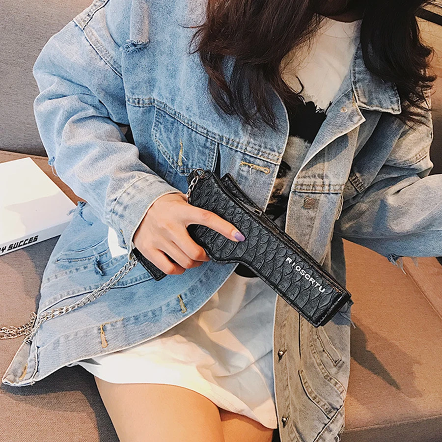 جميل 3D بندقية على شكل حقيبة ساع النساء لطيف سلاسل بو الجلود الكتف Crossbody أكياس الفتيات صغيرة حزب المحافظ حقيبة 2019 INS