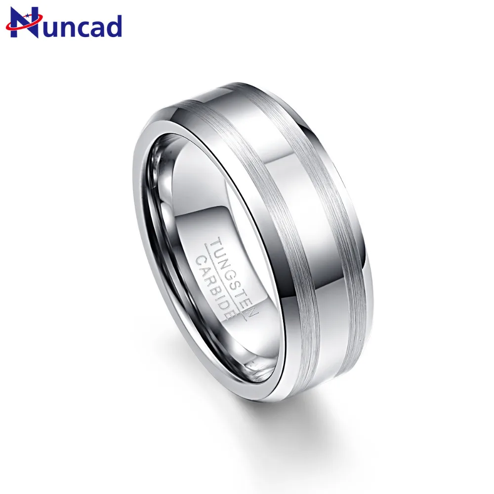 

Nuncad Men's 8mm Polished Tungsten Wedding Band Rings Beveled Edge Satin Brushed Stripes Size 7 to 12
