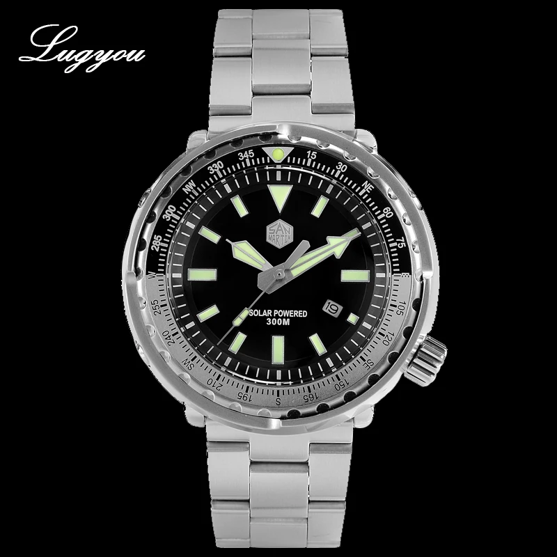 

LUGYOU San Martin TUNA Men Diver Watch Stainless Steel 30Bar VH37 Solar Energy Black Dial Date Display Metal Bracelet Super Glow