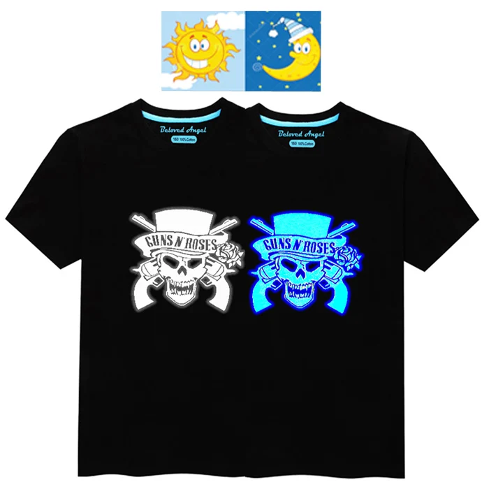 Для маленьких мальчиков светящаяся Футболка для мальчика брендовая футболка для девочек в стиле «хип-хоп» с неоновым принтом, вечерние для детей в стиле «панк» со светящимся принтом для клубных Топы И Футболки в стиле рок летняя детская одежда - Цвет: Skull