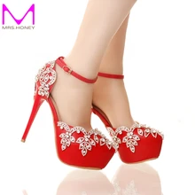 Red High Heels for Wedding with Rhinestone Lady Nightclub Formal Dress Shoes with Ankle Straps Platform Bridesmaid Shoes