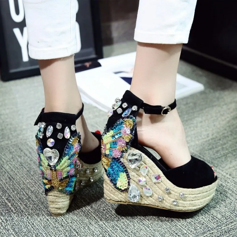 

US4-11 Womens Peep Toe Suede Leather Rhinestones Diamond Sequins Butterfly Bling Wedge High Heel Pumps Shoes Sandals Plus Size