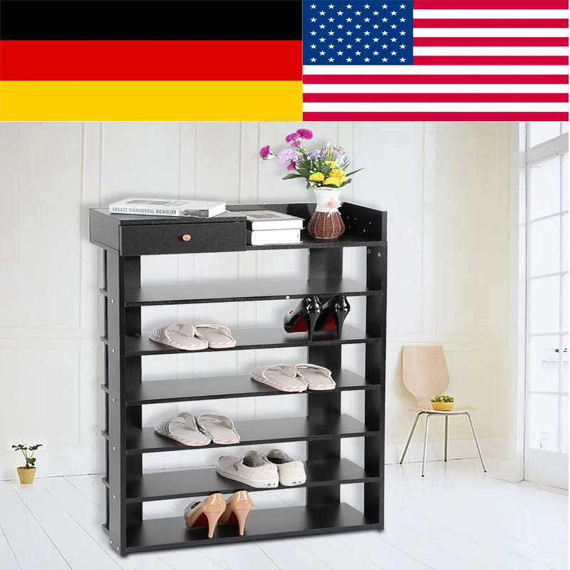 6 Tiers Black Standing Shoe Rack with Drawer Shoes Shelf Storage