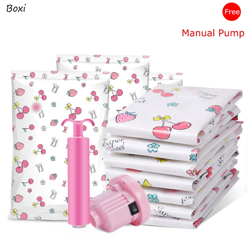 Boxi 4pcs/10pcs/Set Thickened Vacuum Storage Bag Free Hand Pump Reusable Blanket Clothes Bag Space Saving Seal Packet Organizer