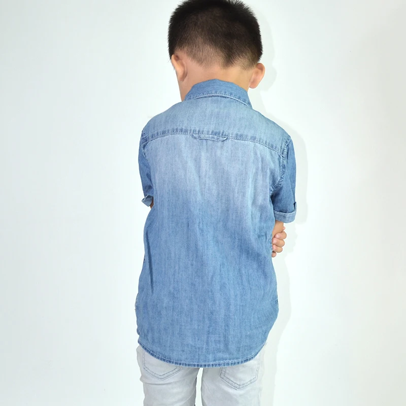 HSBJ1611001--5Boys Denim Shirts Teens Solid Tops Short Sleeve Shirts Pocket Buttons Kids Junior Clothing Children 4-16 Years
