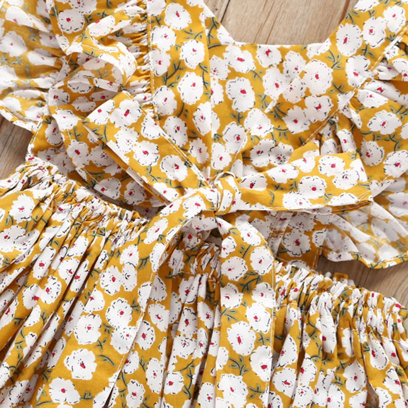 Toddler Baby Girls Vintage Ruffles Floral Dresses with Knot Headband Kids Summer Fly Sleeve Princess Dress Children Sundress (6)