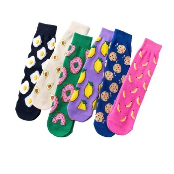 

Women Socks Funny Cute Cartoon Fruits Banana Avocado Lemon Egg Cookie Donuts Food Happy Harajuku skateboard Socks 3pairs