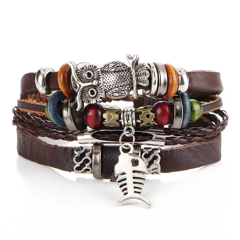 NIUYITID Handmade Feather Leaf Men's Bracelets For Men Multilayer Leather Accessories Male Braclet Friendship Jewelry  (1)