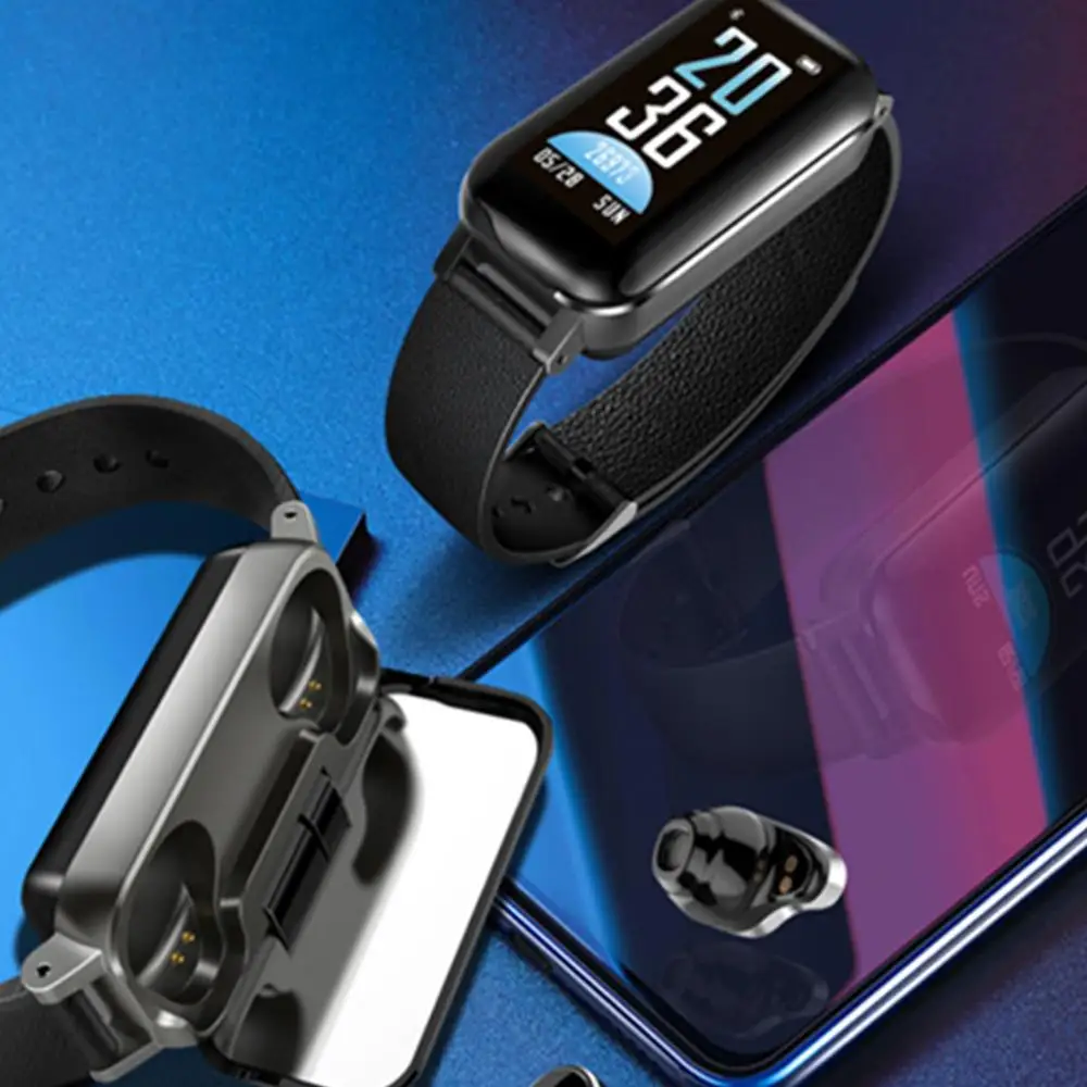

T89 TWS Bluetooth Earphone Smart Bracelet Heart Rate Fitness Tracker Sport Watch For IOS Android Phone Bluetooth V5.0 Headphones