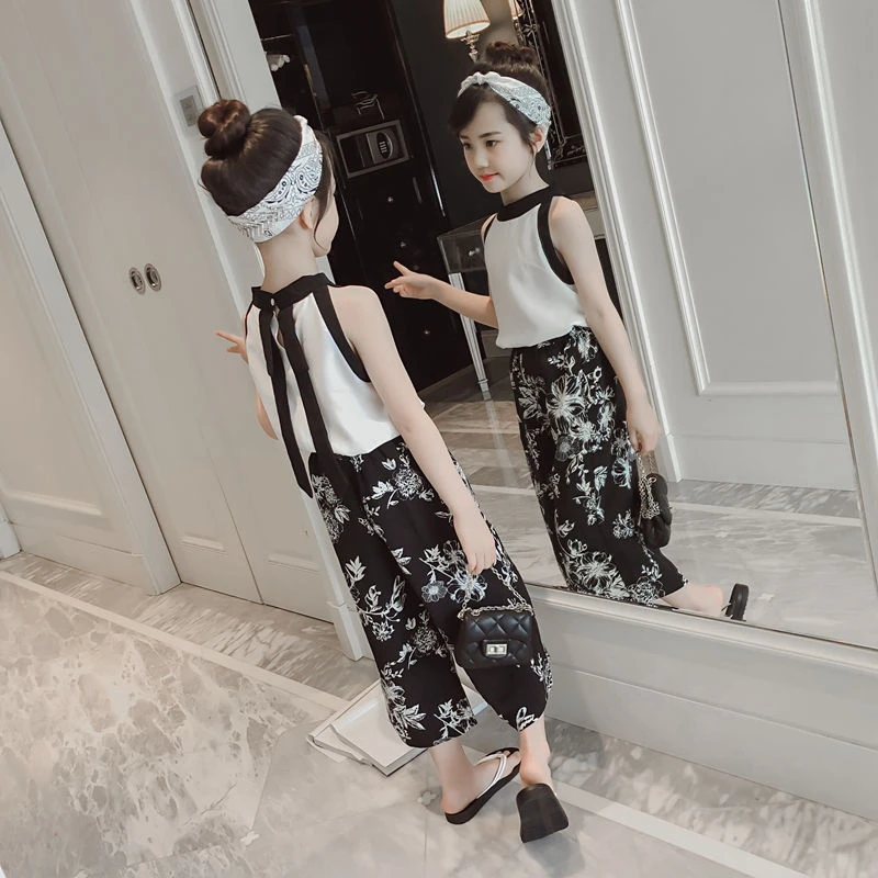 

Girls Sets Chiffon Children Clothes Girls Suits Summer Kids Tops Fashion T-shirts+Print Pants Loose Cropped Trousers Wide Leg