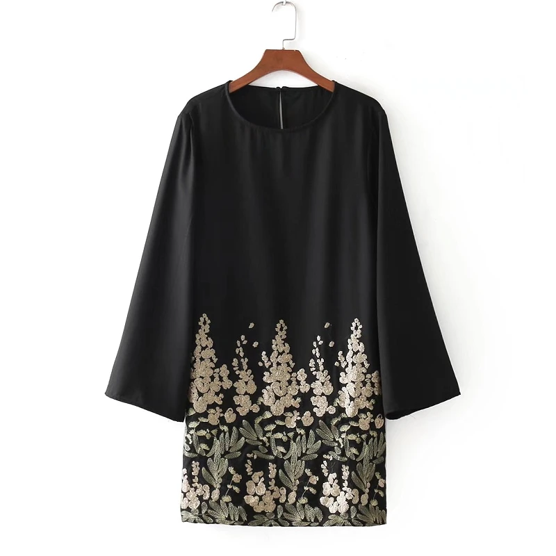 

2018 women vintage vestidos round collar long sleeve hem golden sequins embroidery casual slim fashion straight mini dress DS201