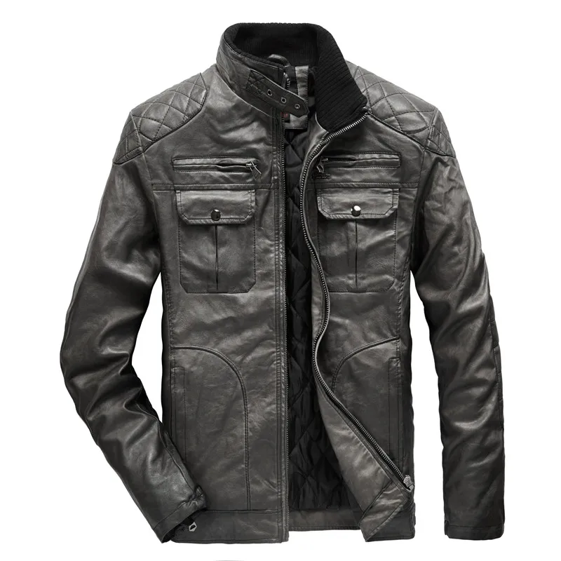 

Autumn and winter men's leather jacket warm retro motorcycle jacket stand collar high quality coat PU leather arge size