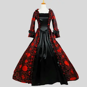 

Customized 2018 Retro Gothic Victorian Party Dress Costumes Autumn Red and Black Square Collar Long Sleeve Stage Ball Gowns