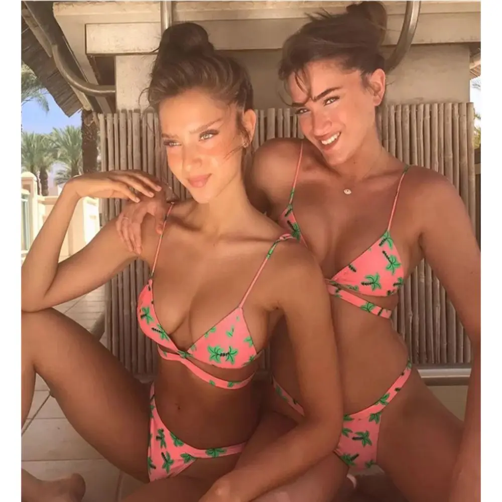 

LANGSTAR Flamingo Pink Bikini Spaghetti Swimwear Women Swimsuit Strap Padded Backless Tree Low Waist Biuqni Set Bathing Suit