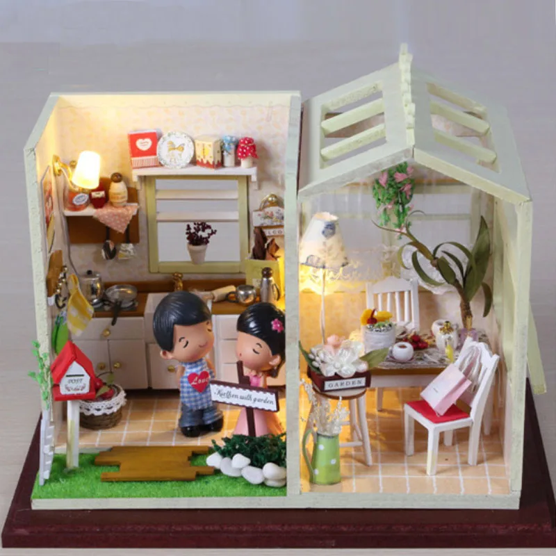 Miniature Cozy Kitchen Craft Model Wood Dollhouse Furniture Led