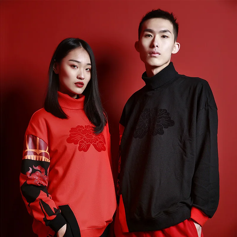 

MENOGGA Women Hoodies High-necked Cotton Chinese Style Pullover Flower Pattern Fashion Casual Aesthetic Hoodie Couple Clothes